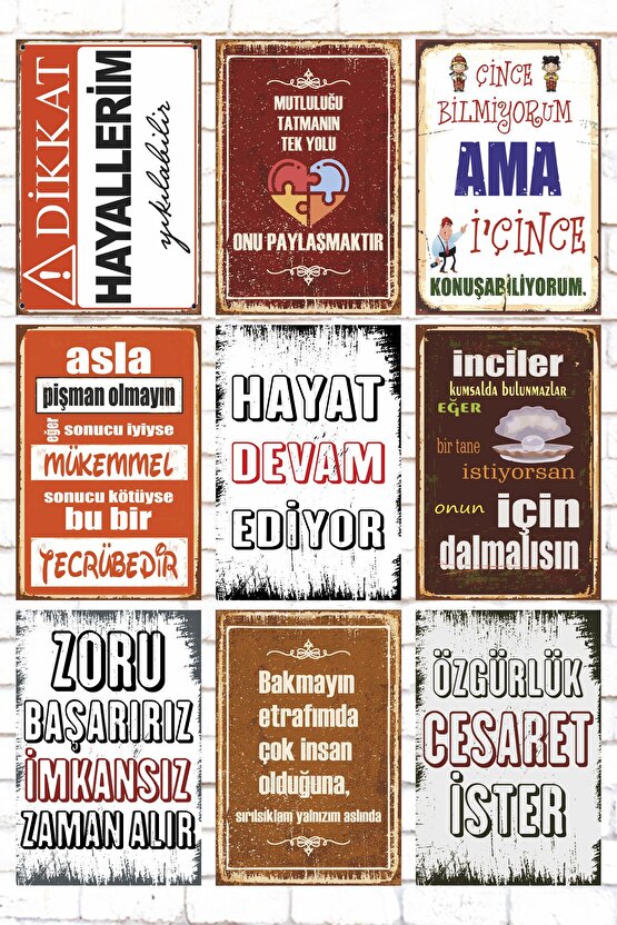 9 Parça Karışık Yazılı Ahşap Tablo Seti dikkat hayallerim yıkılabilir komik sözler duvar yazıları