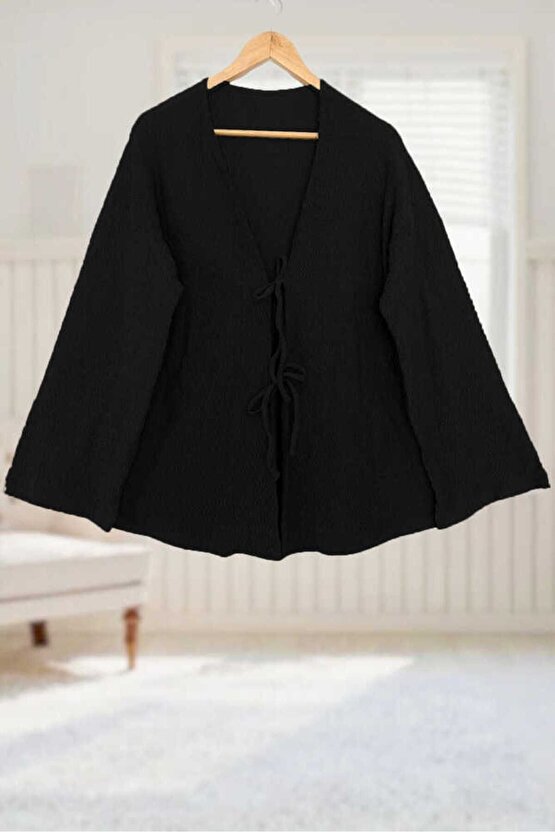 Siyah Önü Bağlamalı Kimono Tunik  Likralı Ütü İstemez Kumaş