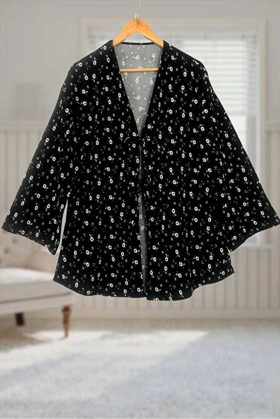 Siyah Çiçekli Önü Bağlamalı Kimono Tunik  Likralı Yazlık Kumaş 85cm Boy