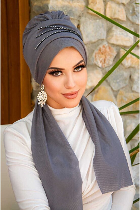 Füme Taşlı Atkılı Abiye Bone