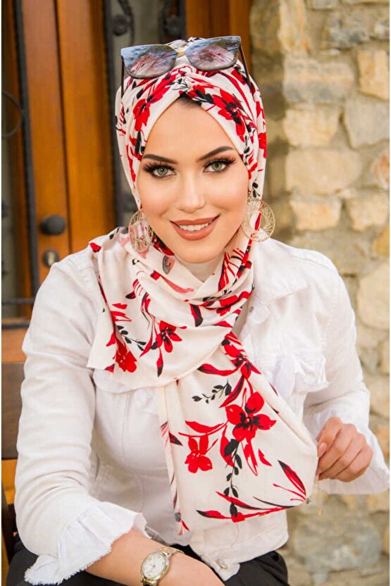 Kırmızı Beyaz Çiçek Desen Kelebek Bone Şal