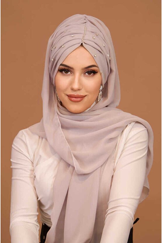 Taş Gri Taşlı Büzgü Model Hazır Abiye Şal