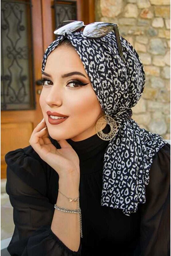 Siyah Leopar Tül Tokalı Bone - 40403