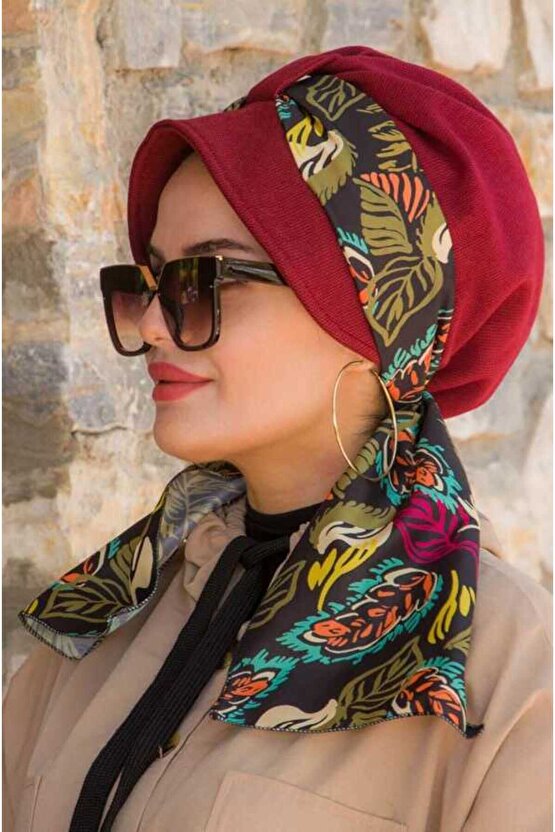 Bordo Haki Çiçek Desenli Şapka Bone