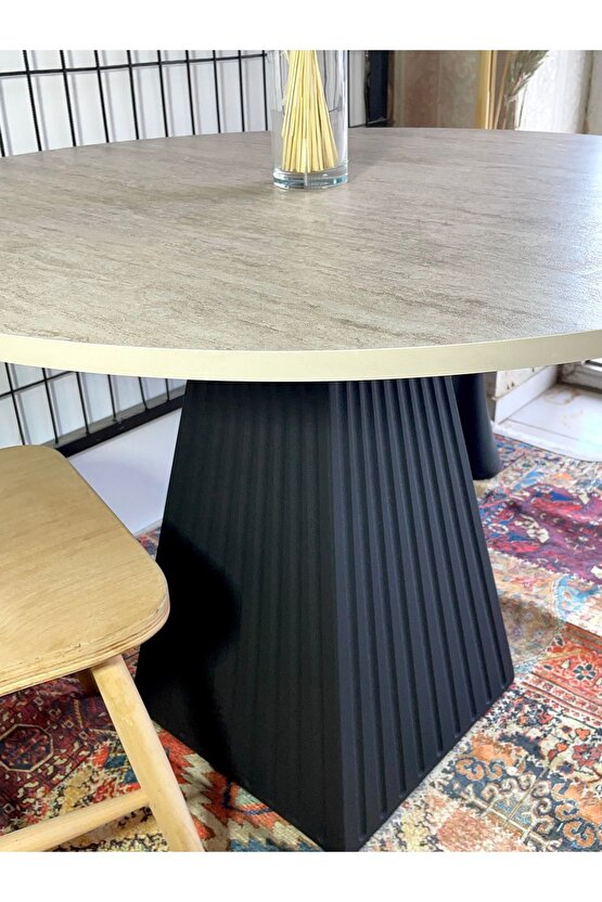 90cm TRAVERTEN MERMER GÖRÜNÜM YEMEK MASASI SİYAH FİTİLLİ AYAK BALKON MUTFAK KAFE