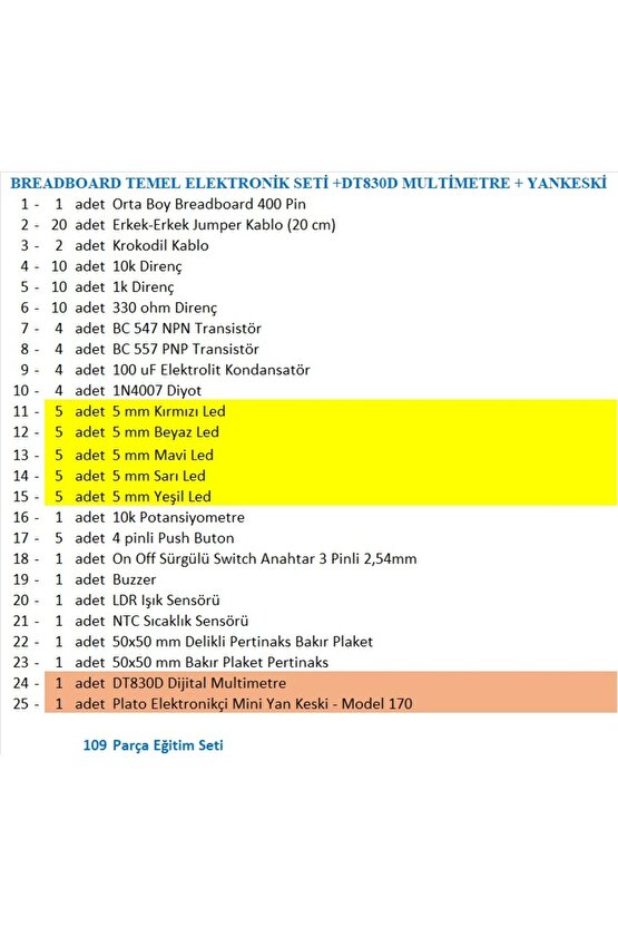 BREADBOARD TEMEL ELEKTRONİK SETİ +DT830D MULTİMETRE + YANKESKİ