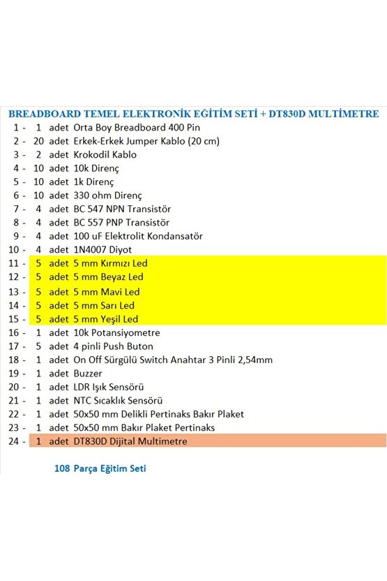 BREADBOARD TEMEL ELEKTRONİK EĞİTİM SETİ + DT830D MULTİMETRE