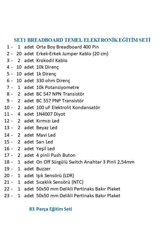 SET1 BREADBOARD TEMEL ELEKTRONİK EĞİTİM SETİ