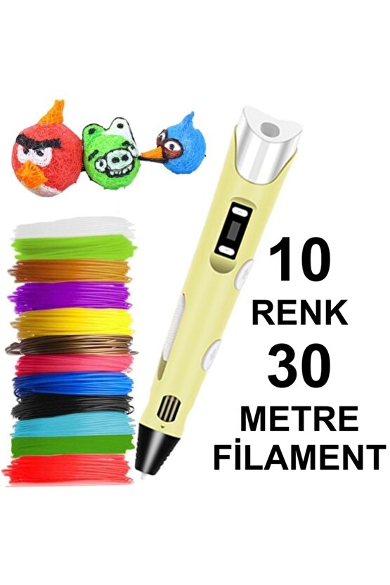 Sarı Kalem Yazıcı+10 Renk 30 Metre (10x3metre) Pla Filament