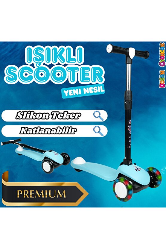 Lupa Katlanabilir Işıklı 3 Tekerlekli Turkuaz Scooter - Işıklı Scooter - Slikon Teker Scooter - Çocu