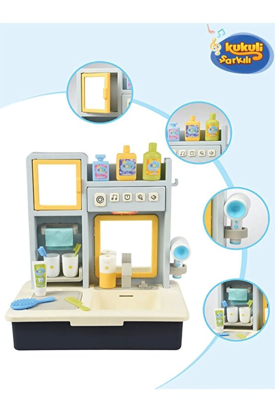 Su Akıtan Modern Banyo Seti - Çeşmeli Işıklı ve Sesli Lavabo - Banyo Seti - Su Akan Musluk - Mavi