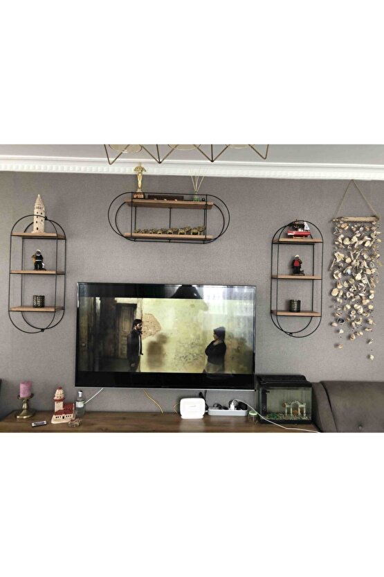 3 Adet Dekoratif Elips Duvar Rafı Siyah, Duvara Asılır Tv Ünitesi, 3lü Set Duvar Rafı, Modern Ünite
