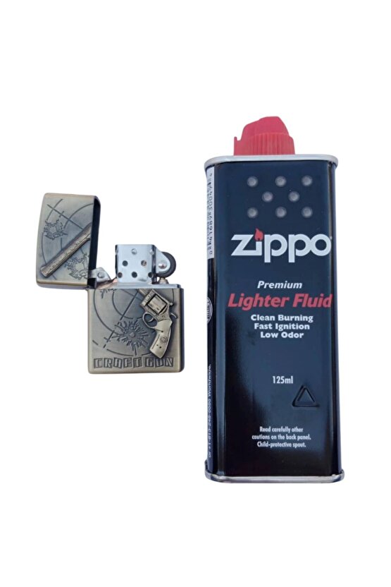 Ozel Tasarim Sari renkli 45 lik Tabanca kabartmali Craft Gun yazili premium zippo Cakmak