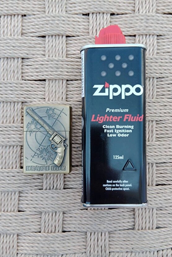Ozel Tasarim Sari renkli 45 lik Tabanca kabartmali Craft Gun yazili premium zippo Cakmak