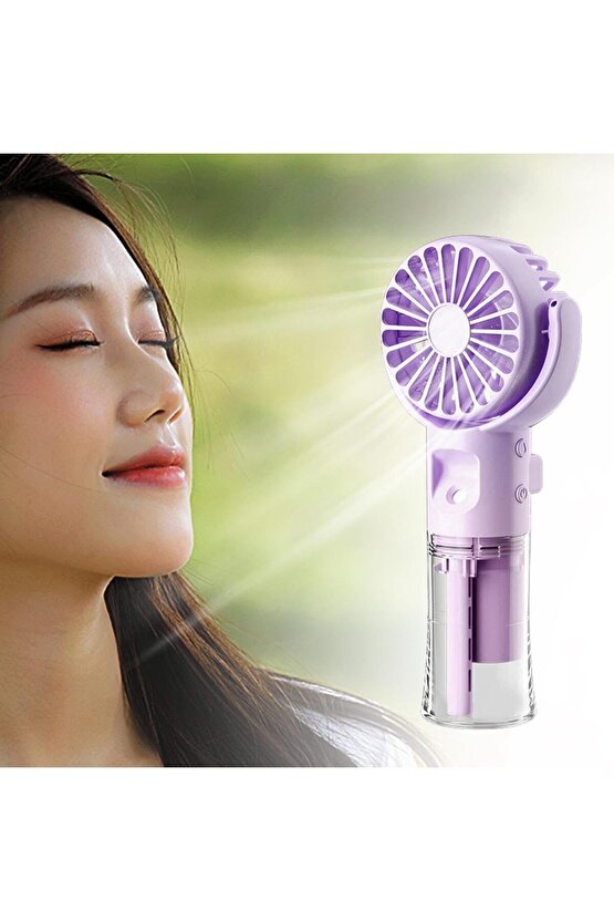 Mor Mini Fan Şarjlı El Fanı Su Püskürtmeli Boyuna Asmalı Mini Klima Fan Vantilatör