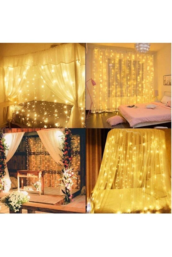 2,5x2,5 Günışığı Sarı Renk Prizli Perde Led Işık Dekoratif Saçak Led