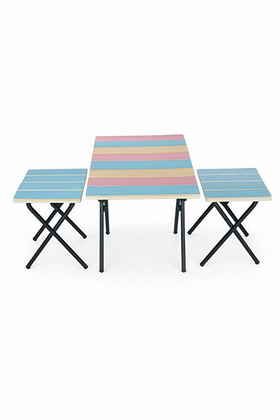 Bistro Ahşap Kamp Masası ve Taburesi 3lü Set Piknik Masası ve Taburesi