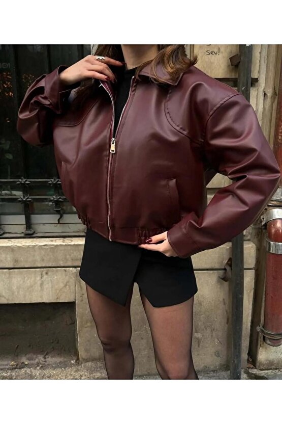 Yakalı Suni Deri Bomber Ceket