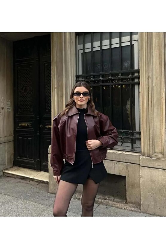 Yakalı Suni Deri Bomber Ceket