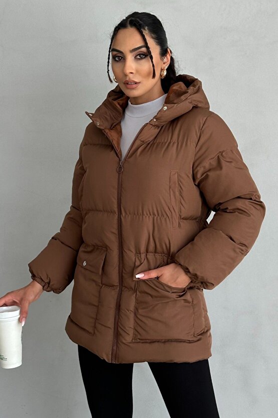 Kapüşonlu Oversize Kadın Şişme Mont - 4 Cep Detaylı, Kahverengi