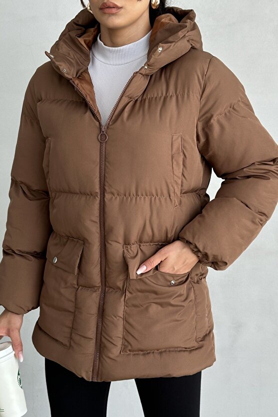 Kapüşonlu Oversize Kadın Şişme Mont - 4 Cep Detaylı, Kahverengi