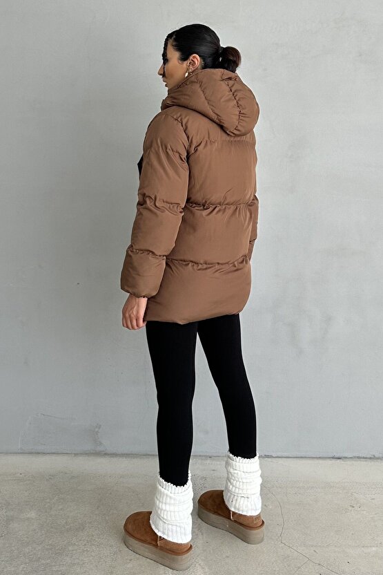Kapüşonlu Oversize Kadın Şişme Mont - 4 Cep Detaylı, Kahverengi