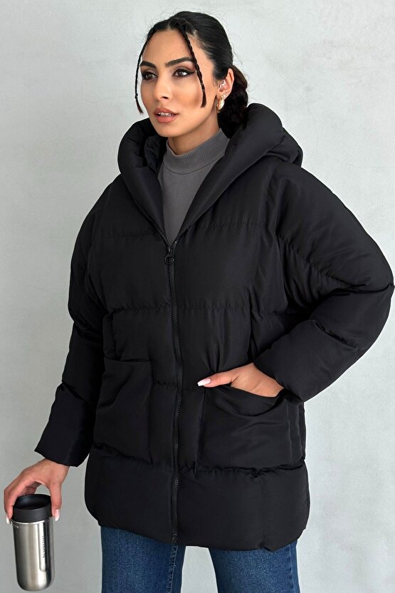 Puffer Yarasa Şişme Siyah Oversize Mont