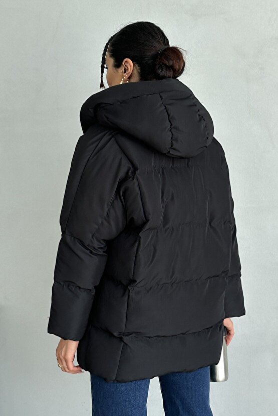 Puffer Yarasa Şişme Siyah Oversize Mont