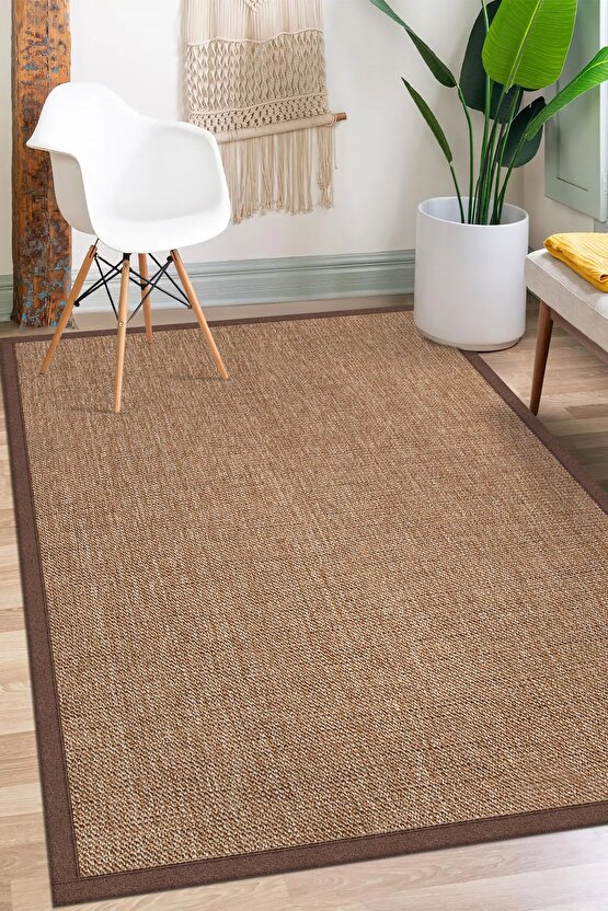 0604-Kahve Kumaş Bordür Sisal Halı Kilim Hav Toz Vermez Kolay Temizlenen Hasır Kilim