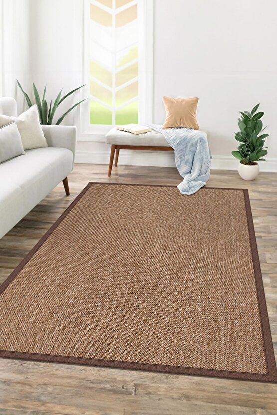 0604-Kahve Kumaş Bordür Sisal Halı Kilim Hav Toz Vermez Kolay Temizlenen Hasır Kilim