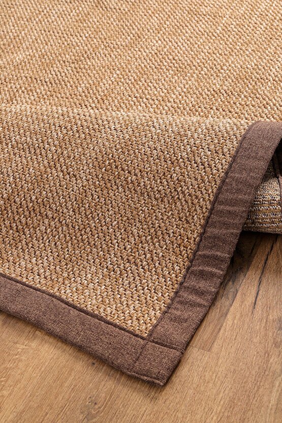 0604-Kahve Kumaş Bordür Sisal Halı Kilim Hav Toz Vermez Kolay Temizlenen Hasır Kilim