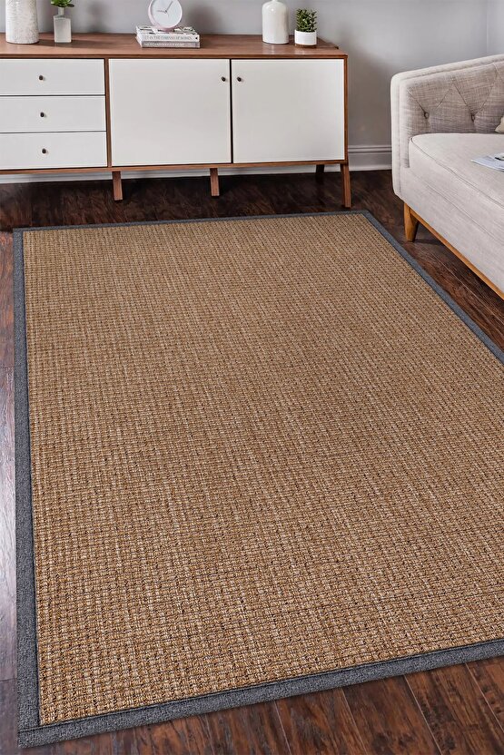 0465-Gri Kumaş Bordür Sisal Halı Kilim Hav Toz Vermez Kolay Temizlenen Hasır Kilim