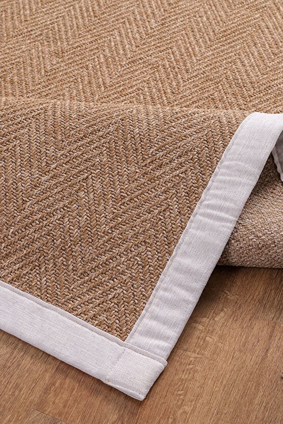 0503-Krem Kumaş Bordür Sisal Halı Kilim Hav Toz Vermez Kolay Temizlenen Hasır Kilim