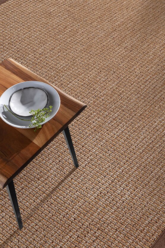 0465-Kahverengi Kumaş Bordür Sisal Halı Kilim Hav Toz Vermez Kolay Temizlenen Hasır Kilim