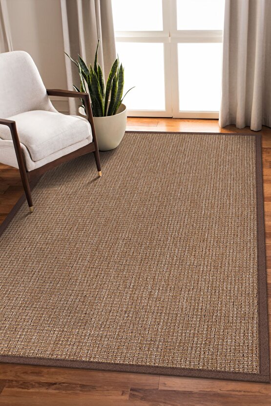 0465-Kahverengi Kumaş Bordür Sisal Halı Kilim Hav Toz Vermez Kolay Temizlenen Hasır Kilim