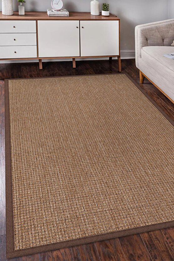 0465-Kahverengi Kumaş Bordür Sisal Halı Kilim Hav Toz Vermez Kolay Temizlenen Hasır Kilim