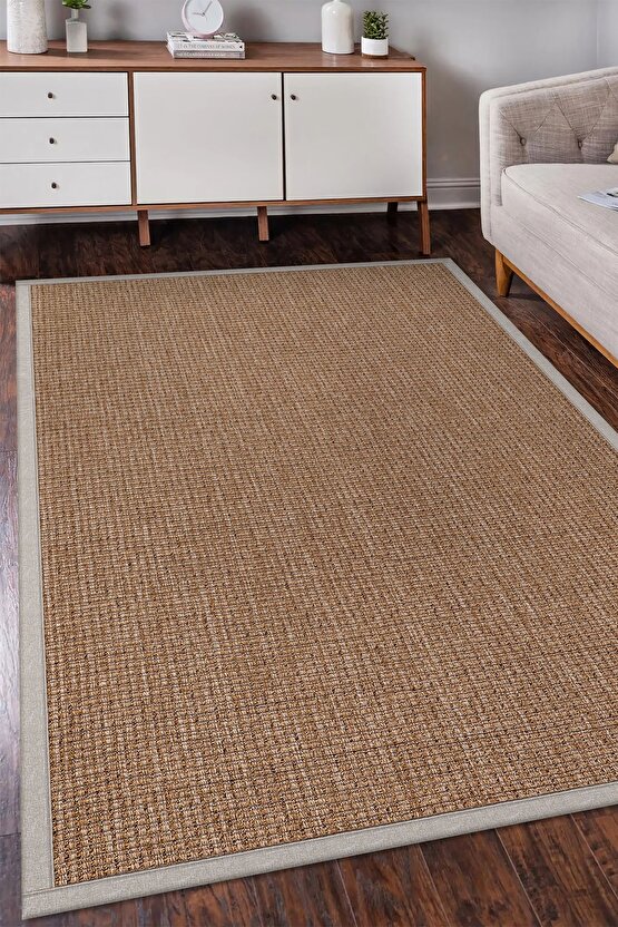0465-Bej Kumaş Bordür Sisal Halı Kilim Hav Toz Vermez Kolay Temizlenen Hasır Kilim