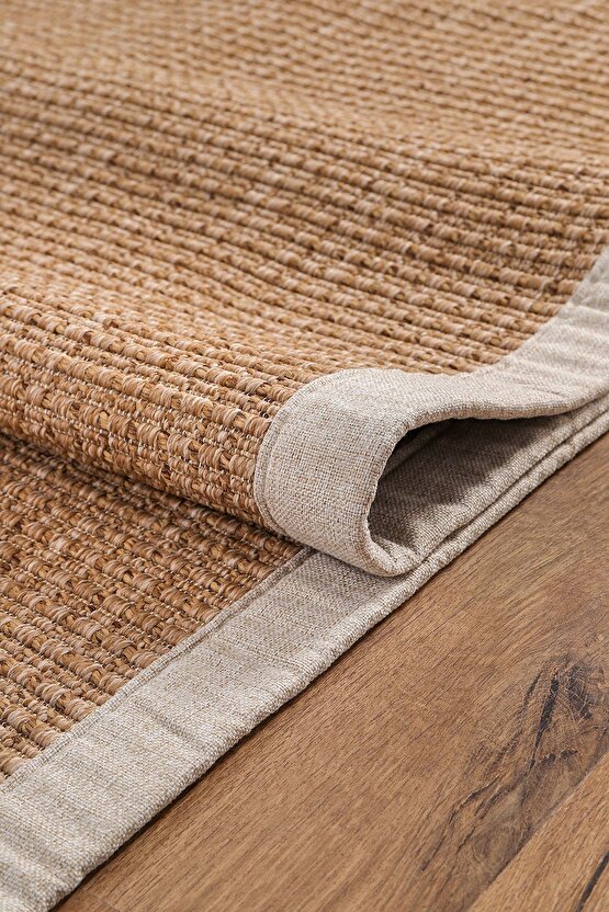 0465-Bej Kumaş Bordür Sisal Halı Kilim Hav Toz Vermez Kolay Temizlenen Hasır Kilim