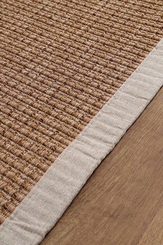 0465-Bej Kumaş Bordür Sisal Halı Kilim Hav Toz Vermez Kolay Temizlenen Hasır Kilim