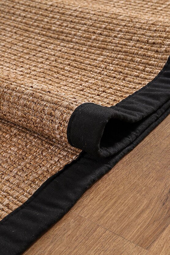 0465-Siyah Kumaş Bordür Sisal Halı Kilim Hav Toz Vermez Kolay Temizlenen Hasır Kilim
