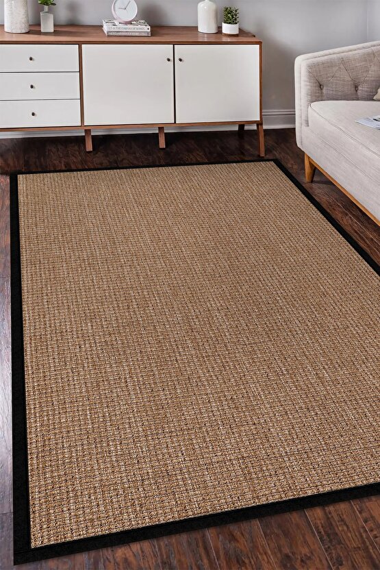 0465-Siyah Kumaş Bordür Sisal Halı Kilim Hav Toz Vermez Kolay Temizlenen Hasır Kilim