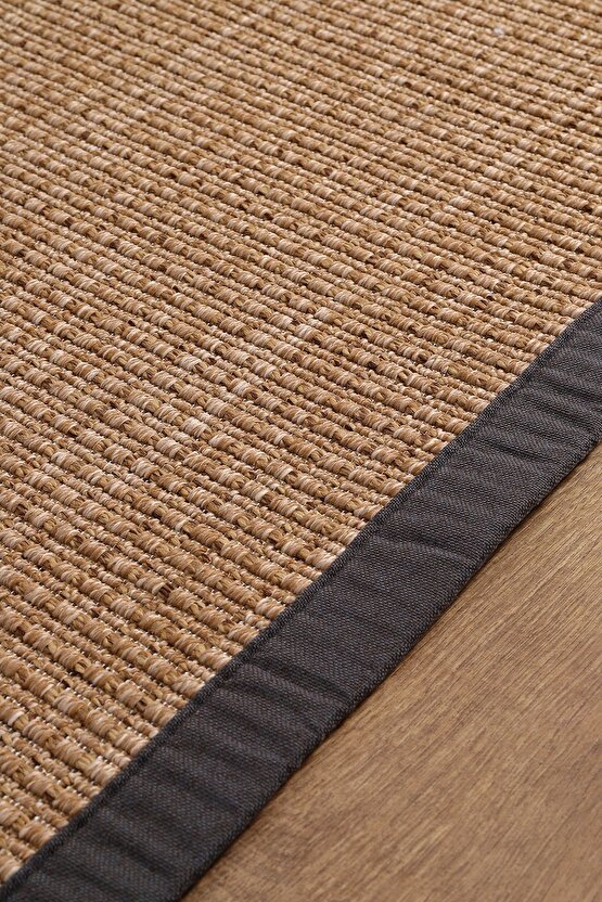 0465-Antrasit Kumaş Bordür Sisal Halı Kilim Hav Toz Vermez Kolay Temizlenen Hasır Kilim