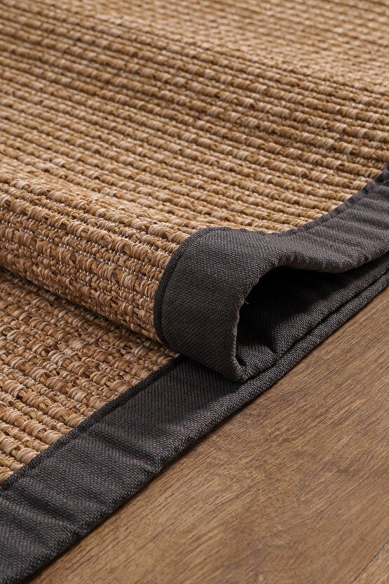 0465-Antrasit Kumaş Bordür Sisal Halı Kilim Hav Toz Vermez Kolay Temizlenen Hasır Kilim