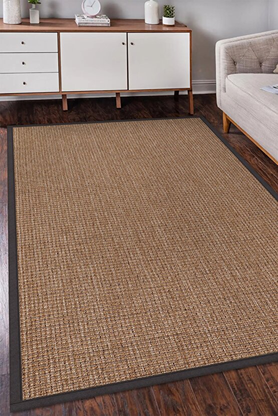 0465-Antrasit Kumaş Bordür Sisal Halı Kilim Hav Toz Vermez Kolay Temizlenen Hasır Kilim