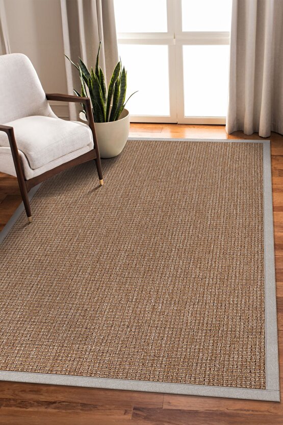 0465-Krem Kumaş Bordür Sisal Halı Kilim Hav Toz Vermez Kolay Temizlenen Hasır Kilim