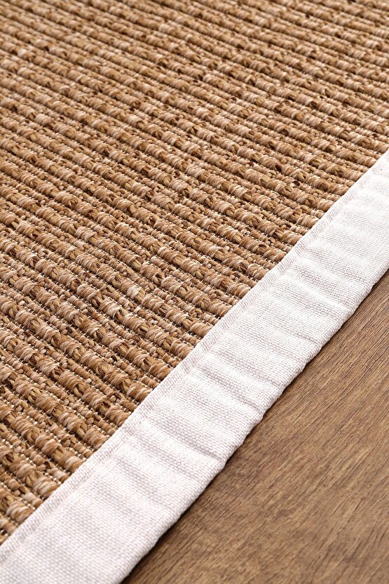 0465-Krem Kumaş Bordür Sisal Halı Kilim Hav Toz Vermez Kolay Temizlenen Hasır Kilim