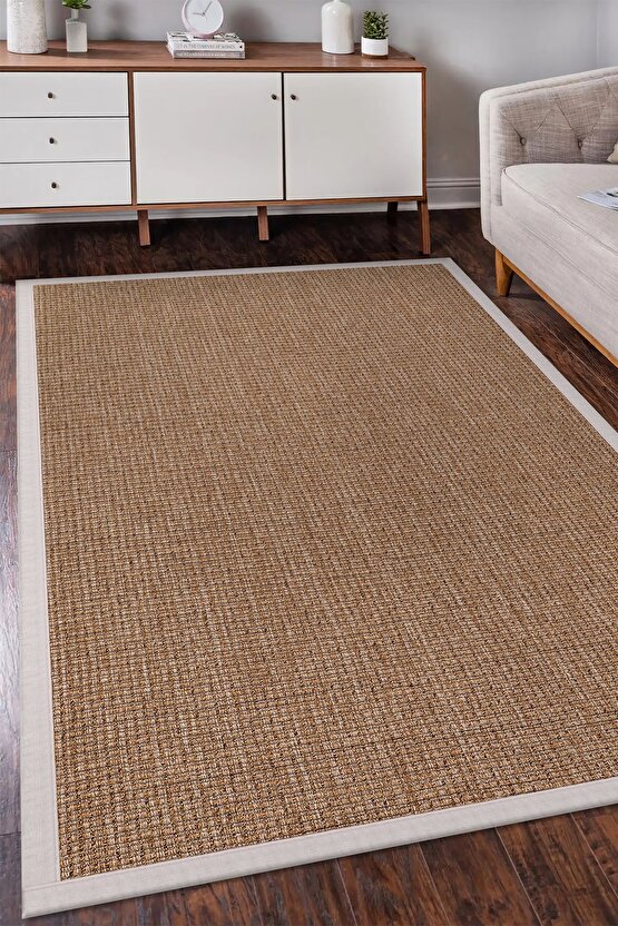 0465-Krem Kumaş Bordür Sisal Halı Kilim Hav Toz Vermez Kolay Temizlenen Hasır Kilim