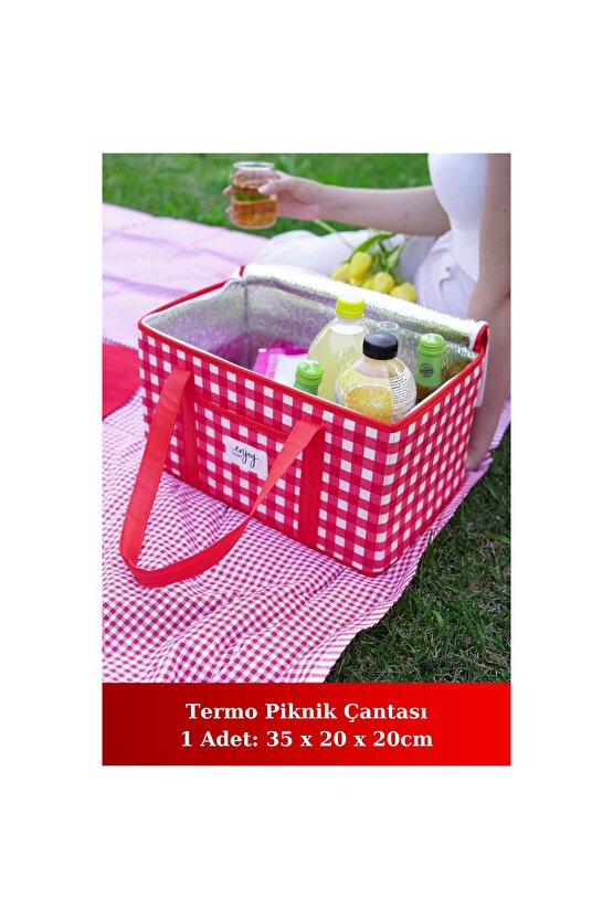 Termo Lüks Piknik Çantası Kırmızı Ekoseli 35 x 20 x 20 cm