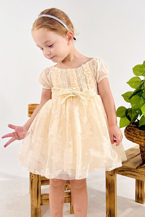 Kız Bebek Kız Çocuk Doğum Günü Parti Düğün Elbise Kısa Kol Dantelli Astarlı Elbise