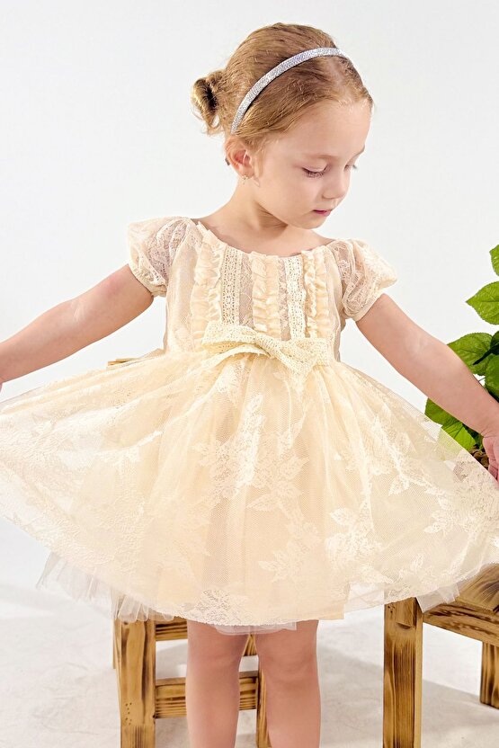 Kız Bebek Kız Çocuk Doğum Günü Parti Düğün Elbise Kısa Kol Dantelli Astarlı Elbise